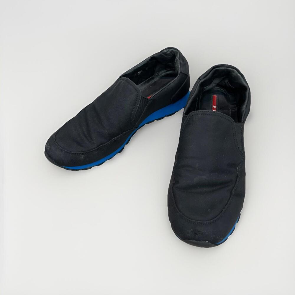 AUTHENTICATED PRADA MENS FABRIC LEATHER SNEAKERS SIZE 10 BLACK BLUE GOOD COND!